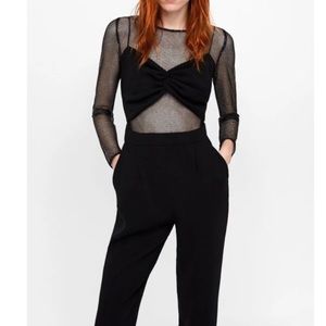 ZARA Black Mesh Sparkly Trim Contrast Jumpsuit Sheer Twist Front
